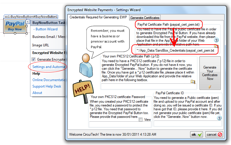 PayPal button Properties window with the 'PayPal Certificate Path' property set to the relative App_Data path of the downloaded paypal_cert_pem.txt file.
