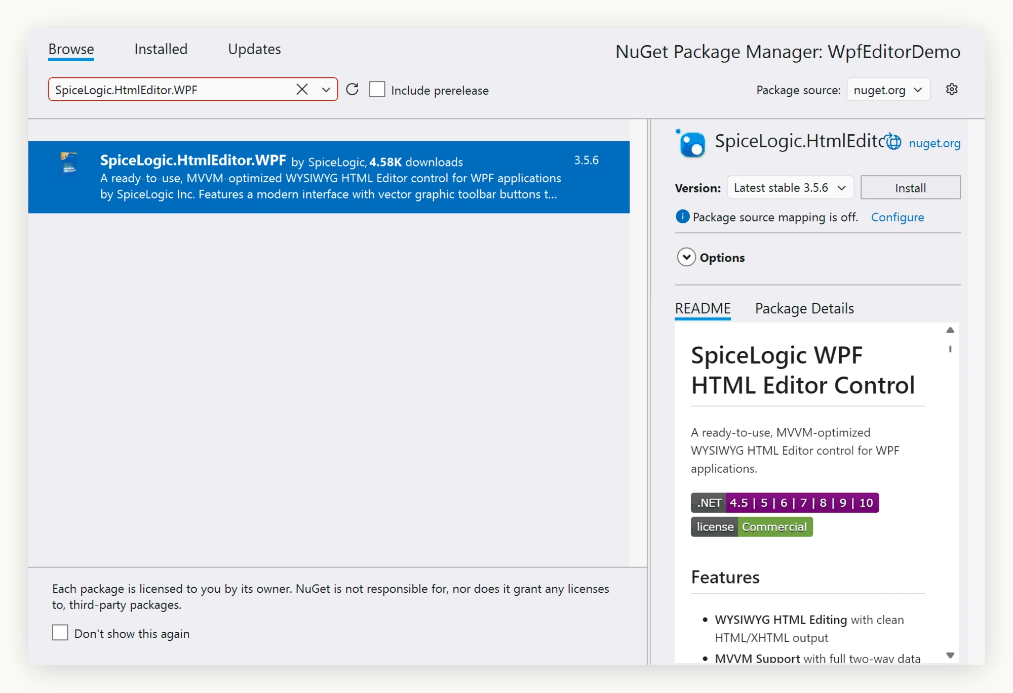 Visual Studio's NuGet Package Manager with the SpiceLogic HTML Editor for WPF package selected from nuget.org, showing its details pane and the Install button used to add it to a WPF project.