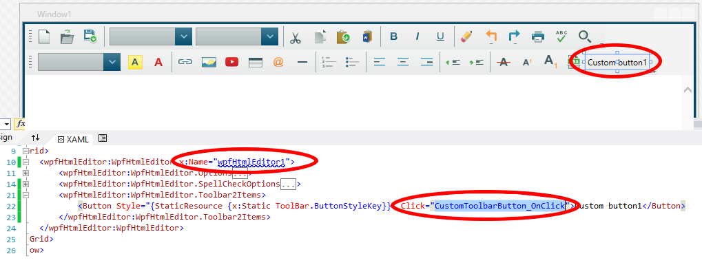 Custom Insert Signature button above a WPF HTML Editor instance placing a formatted signature block at the caret position with a single click.