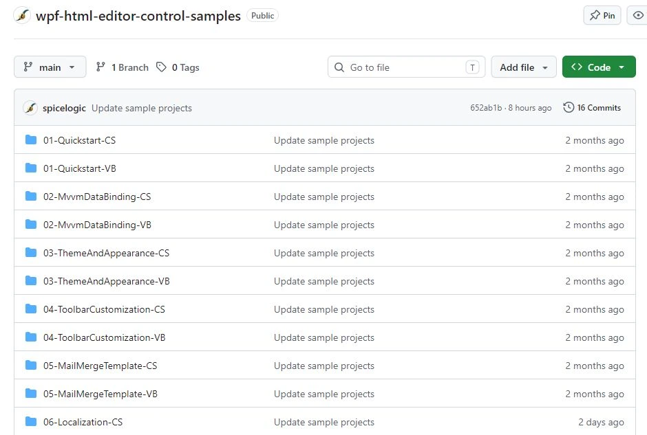 WPF HTML Editor sample repository on GitHub, showing the repository name, Code menu and C# and VB.NET sample folders.