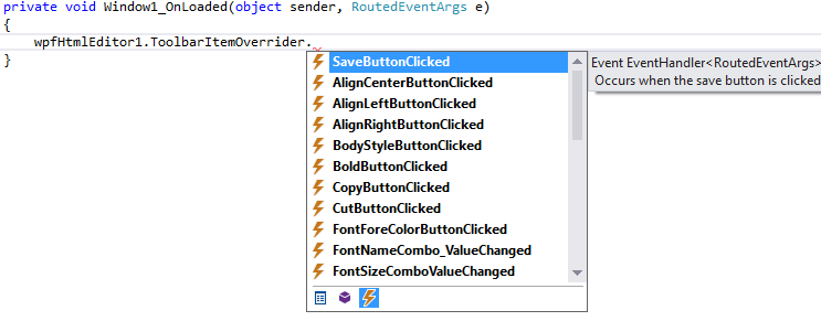 WPF HTML Editor with the factory Save button rerouted through an MVVM ViewModel command (writing to the support-ticket database) instead of opening a file save dialog.