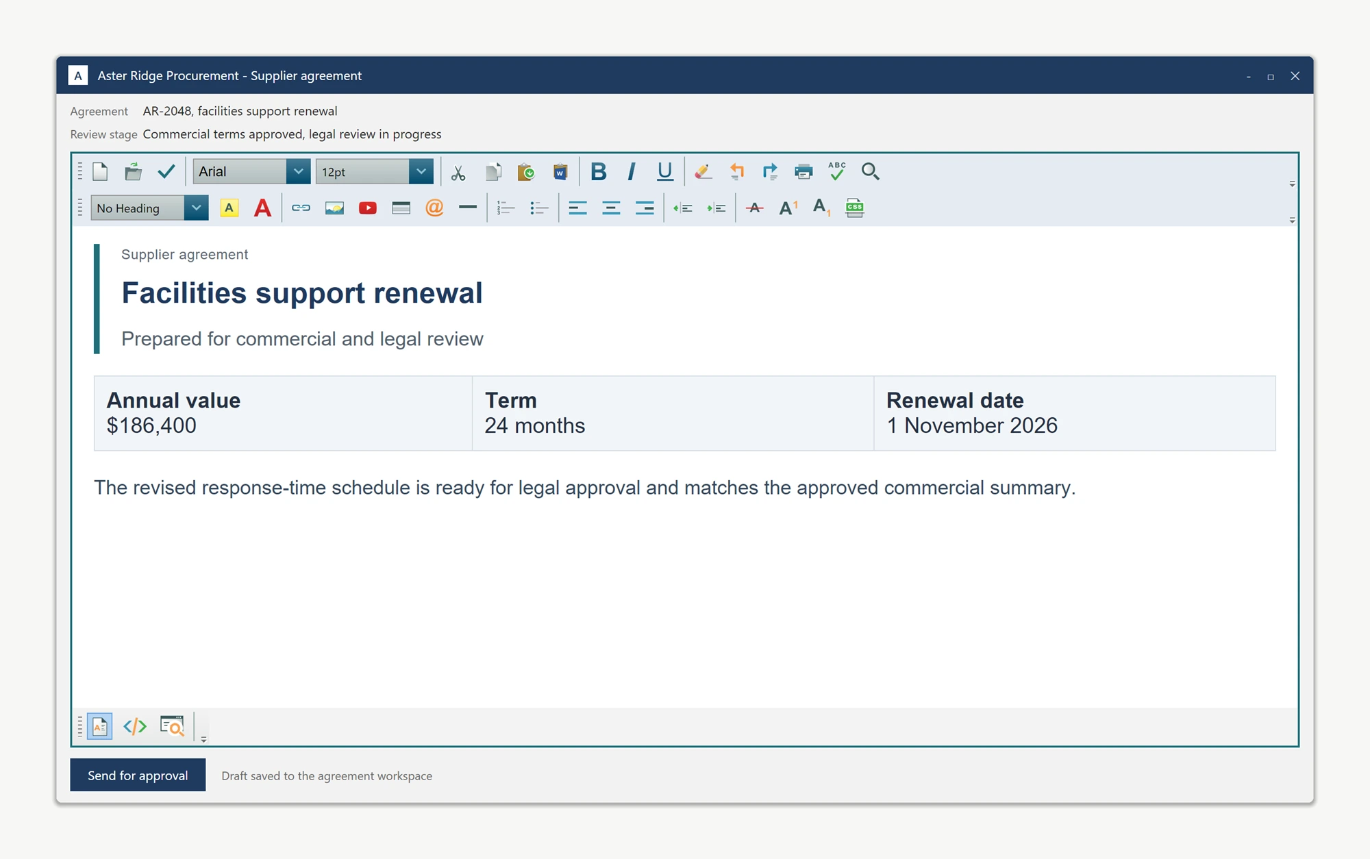 WPF HTML Editor inside a procurement application with blue-gray toolbar resources, a teal vector Save icon, coordinated border, navy application chrome, and a styled supplier agreement
