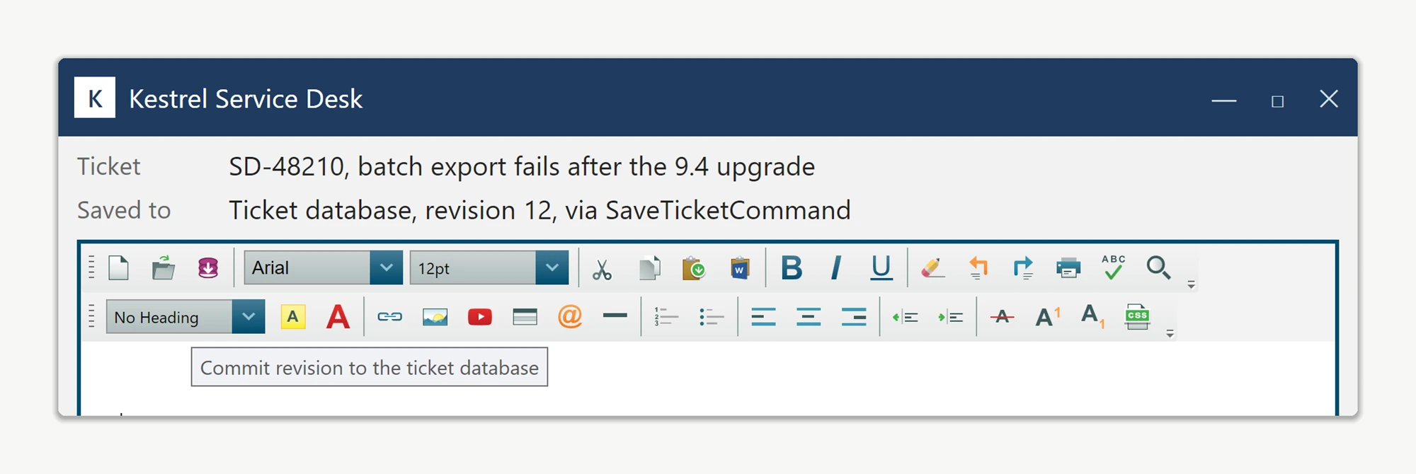 The WPF HTML editor's built-in Save toolbar button showing a replacement commit icon and a custom tooltip reading 'Commit revision to the ticket database', after its click was rerouted to a view-model command instead of the default file-save dialog