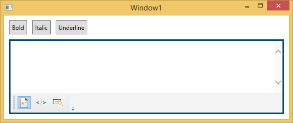 MahApps-themed AppBar icons sitting above a clean WPF HTML Editor instance whose factory toolbars are hidden so the host application owns all editor commands.