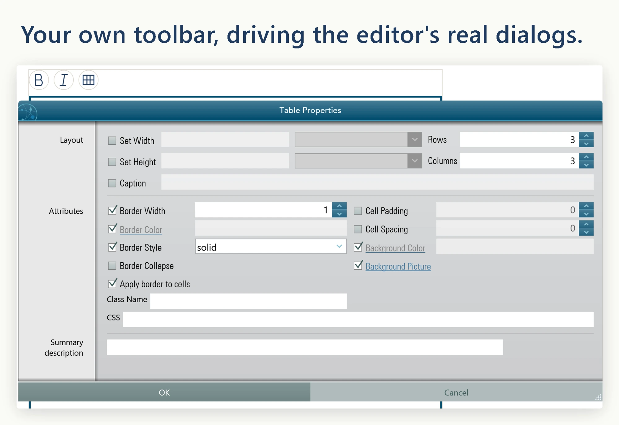 A host application with its own three-button app bar above the WPF HTML Editor, with the editor built-in Table Properties dialog open after the custom table button was clicked.