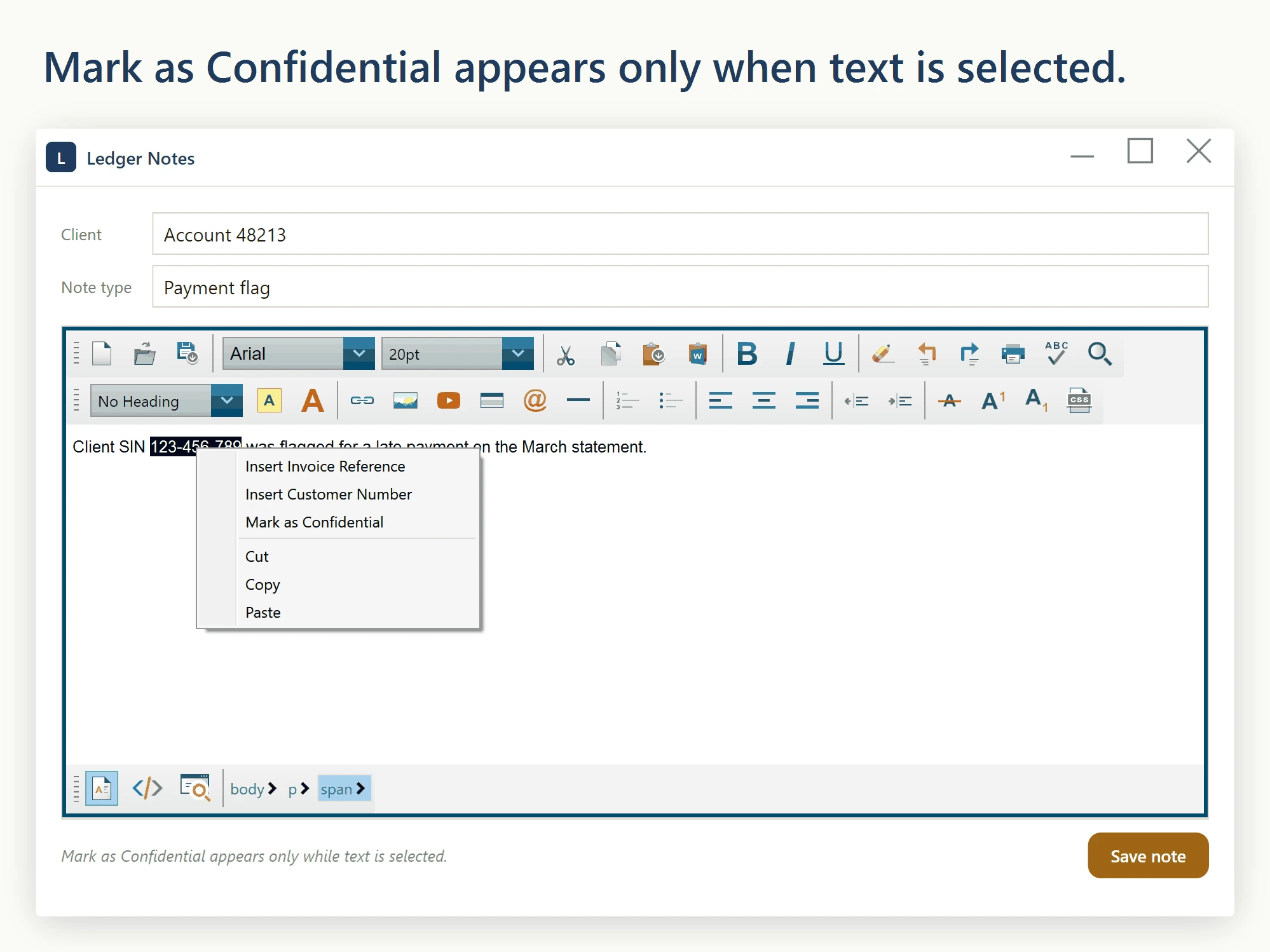 A WPF ledger application where the editor's context menu is open over a selected account number, showing a host-added Mark as Confidential command that the ContextMenuShowing event added only because text was selected.