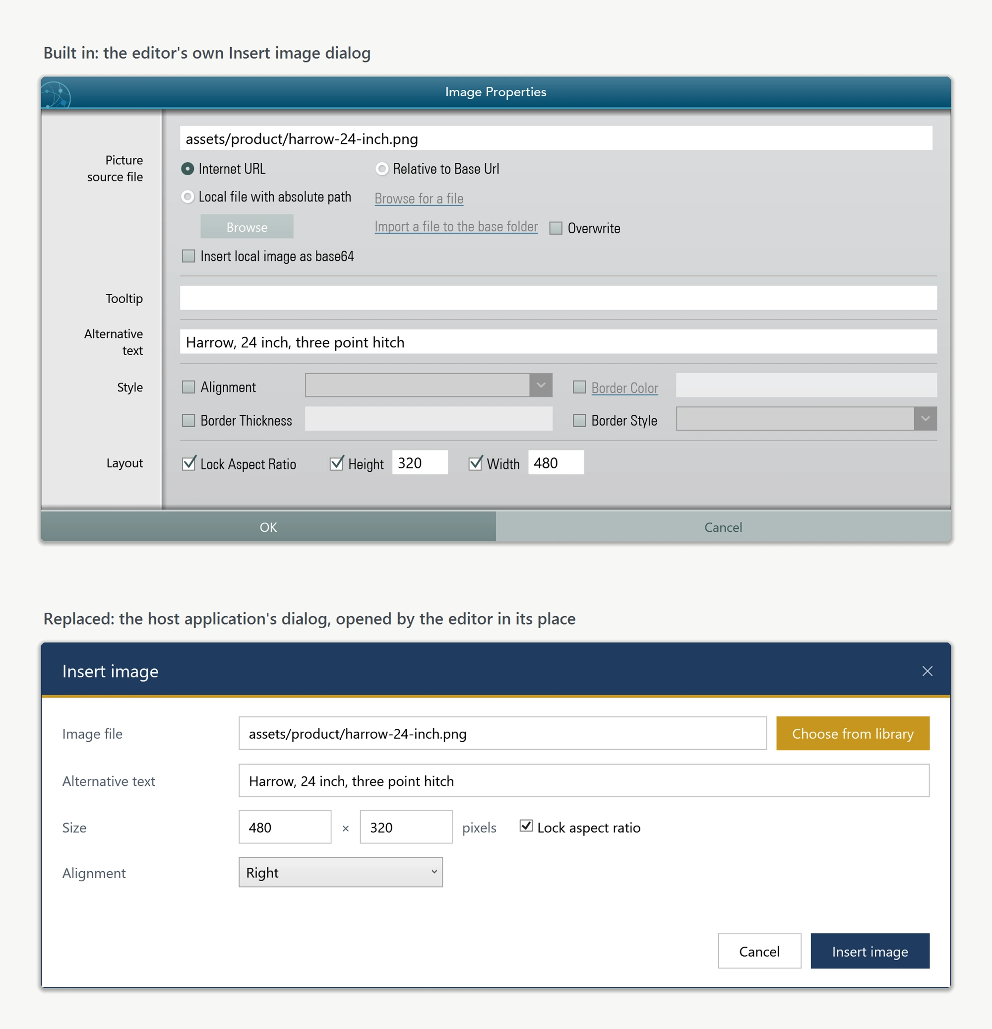 The WPF HTML editor's built-in Insert Image dialog above a host application's own replacement for it, a navy and gold dialog with fewer fields, which the editor opens instead once CreateImageDialogMethod is assigned