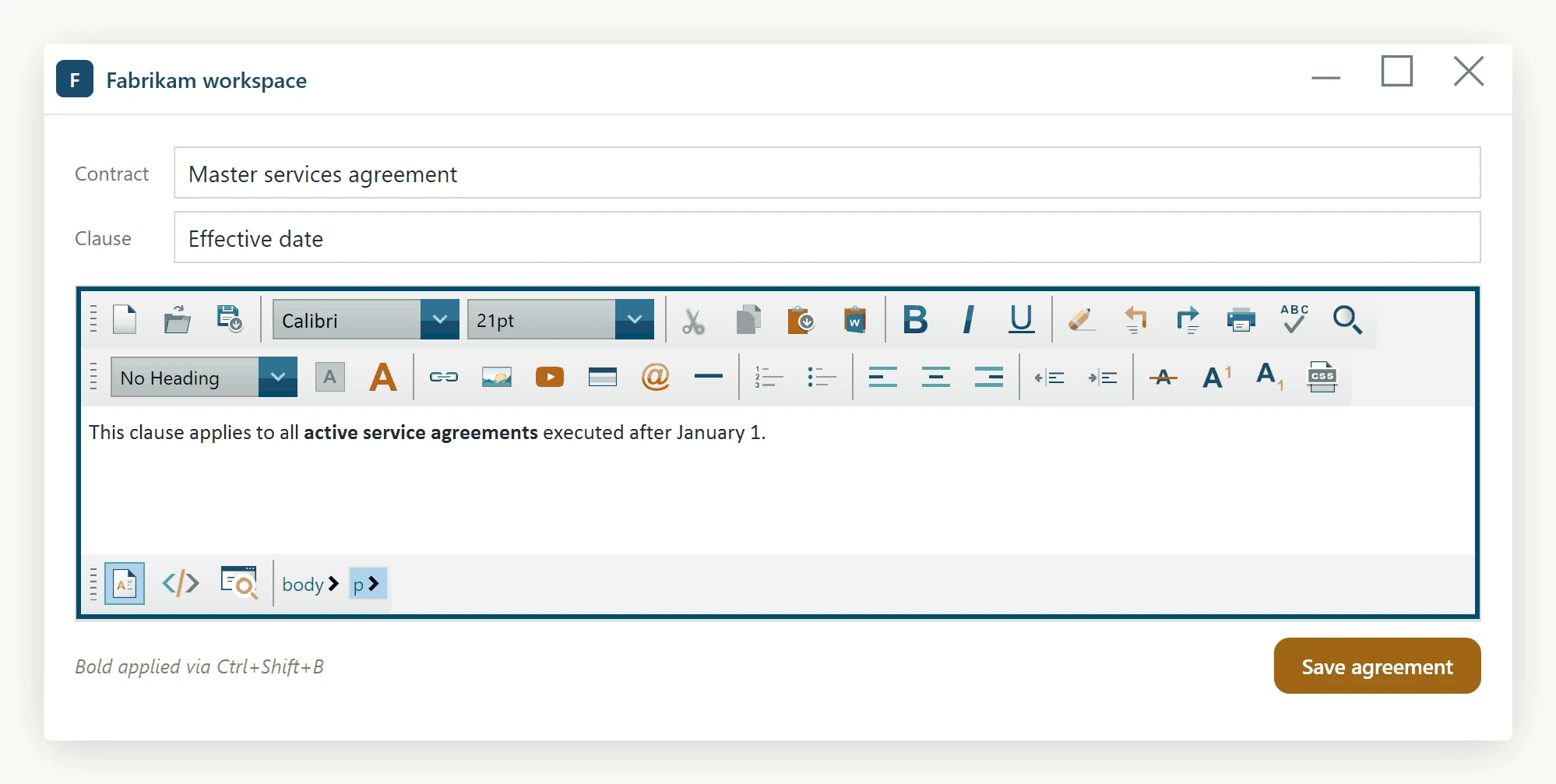 A contract clause in a WPF host application with a phrase turned bold by the rebound Ctrl+Shift+B shortcut, showing a custom key binding taking effect at runtime.