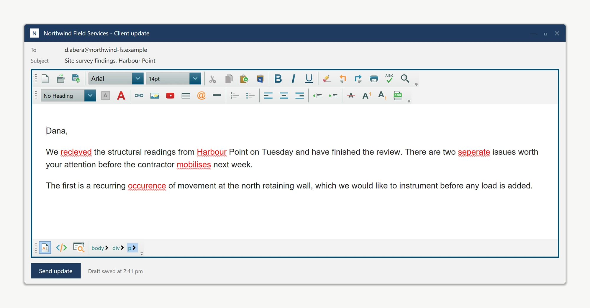 The WPF HTML editor inside a desktop application, with misspelled words underlined in red as the user types