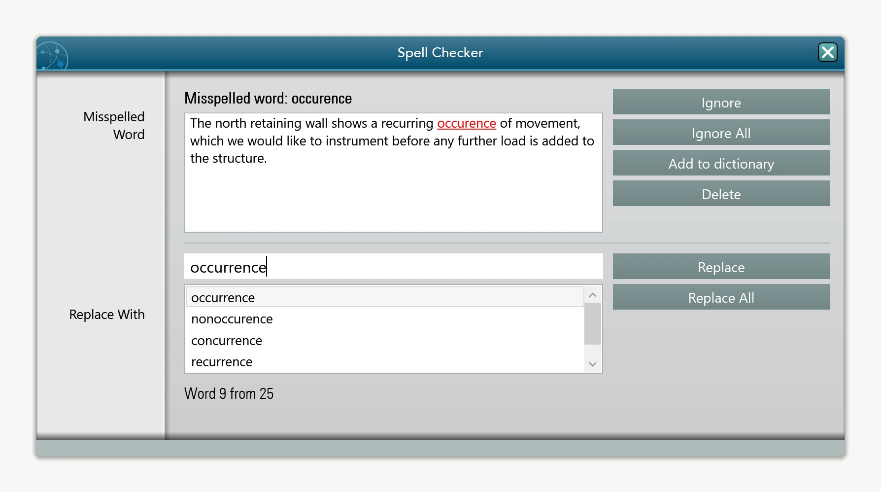 The WPF HTML editor's spell-check dialog reviewing the misspelled word occurence in a site report, with the sentence above it, the engine's suggestion list, and the Ignore, Ignore All, Add to dictionary, Delete, Replace and Replace All buttons