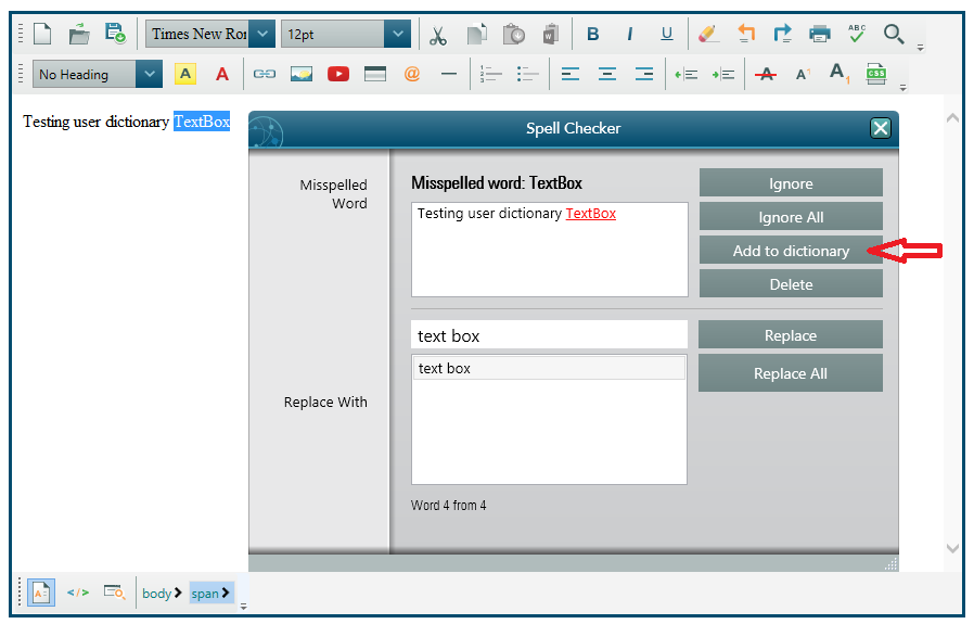 User dictionary dialog
