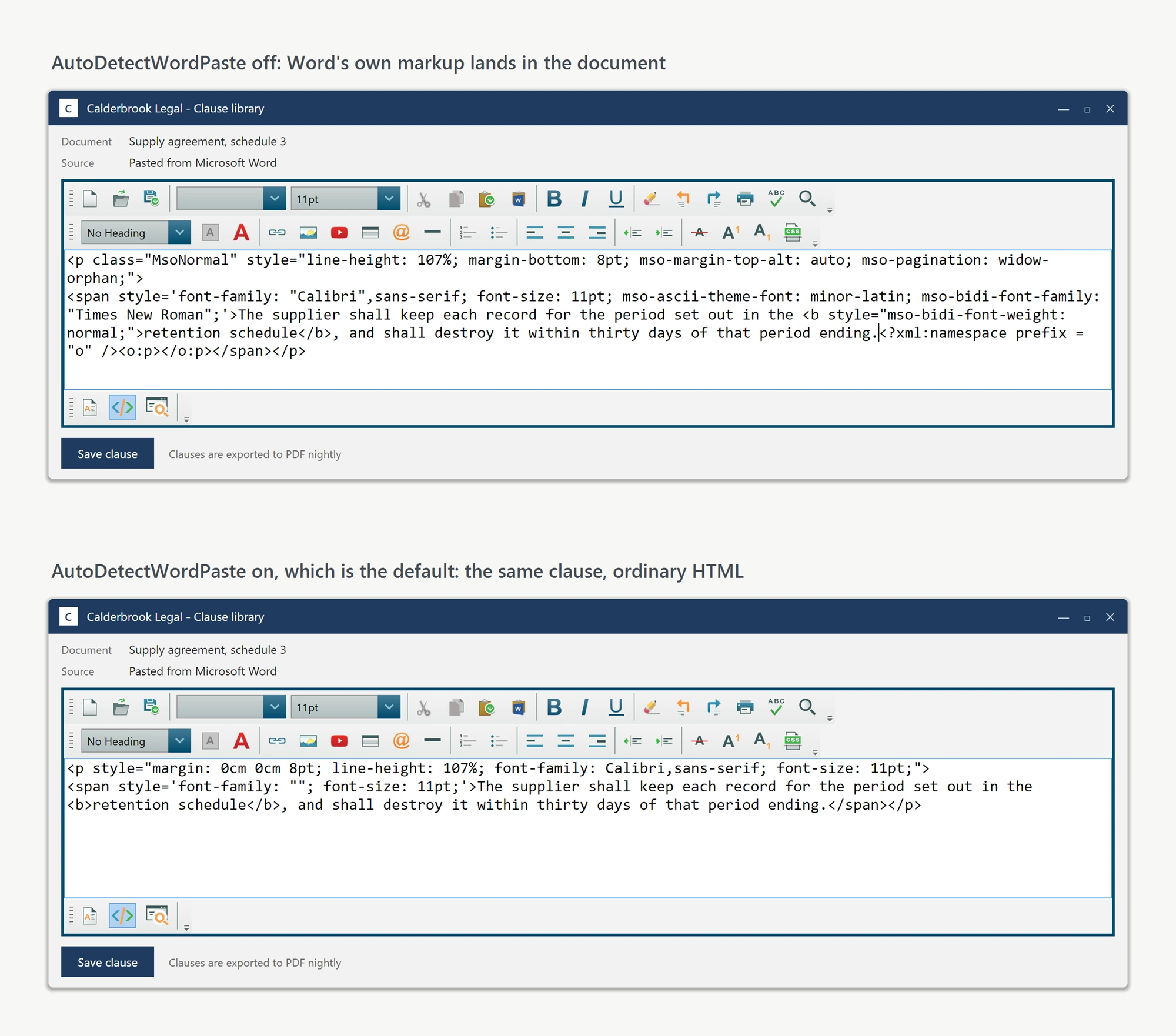 The WPF HTML editor's source view of the same paragraph pasted from Microsoft Word twice: with auto-detection off the markup carries MsoNormal classes, mso-style properties and o:p tags, and with auto-detection on the same text is ordinary HTML