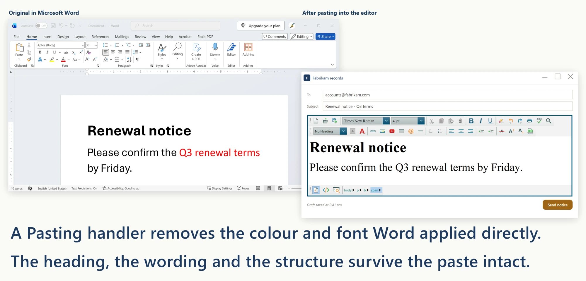 Microsoft Word document beside the WPF HTML Editor after a paste: a Pasting event handler has removed the direct colour and font Word applied, while the heading, wording and structure of the pasted content are unchanged.