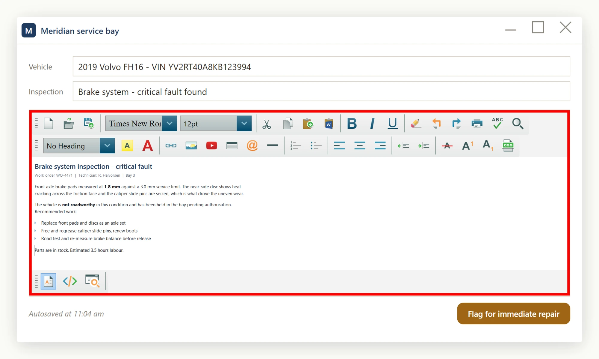 Service-bay WPF application showing the HTML Editor with a 4-pixel red EditorBorder around the editing surface, signalling a critical-fault entry to the technician.