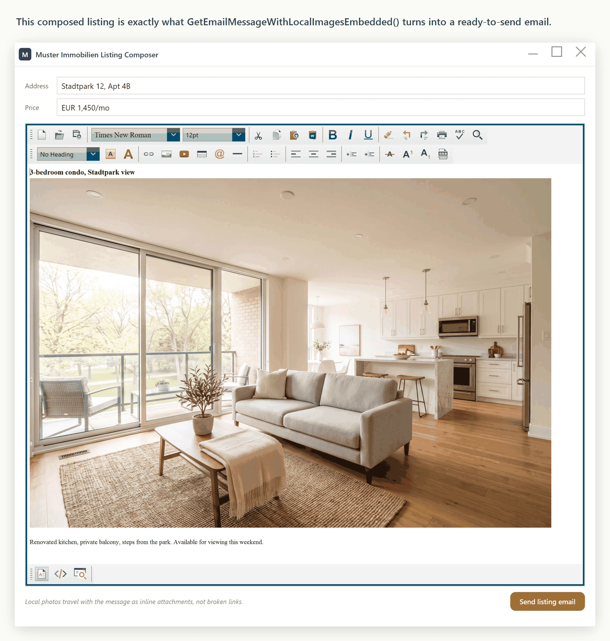 A property listing composed in the WPF HTML Editor inside a real estate application, with a local photograph placed in the document body ready to be sent as an email with the image embedded as an inline attachment.