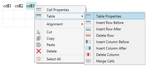 Context menu table