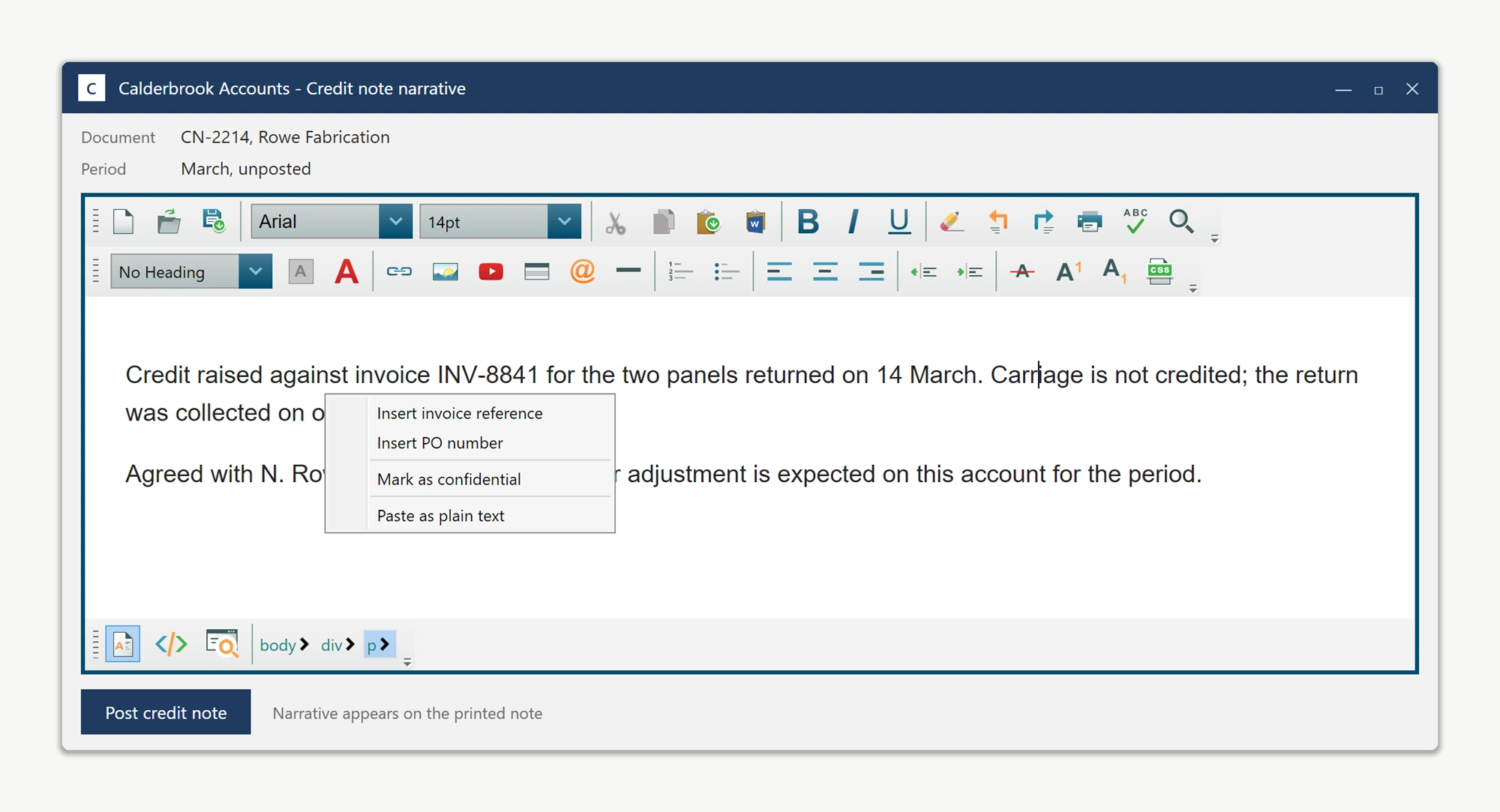 The WPF HTML editor inside an accounting application with its built-in cut and paste context menu replaced by the application's own: Insert invoice reference, Insert PO number, Mark as confidential and Paste as plain text