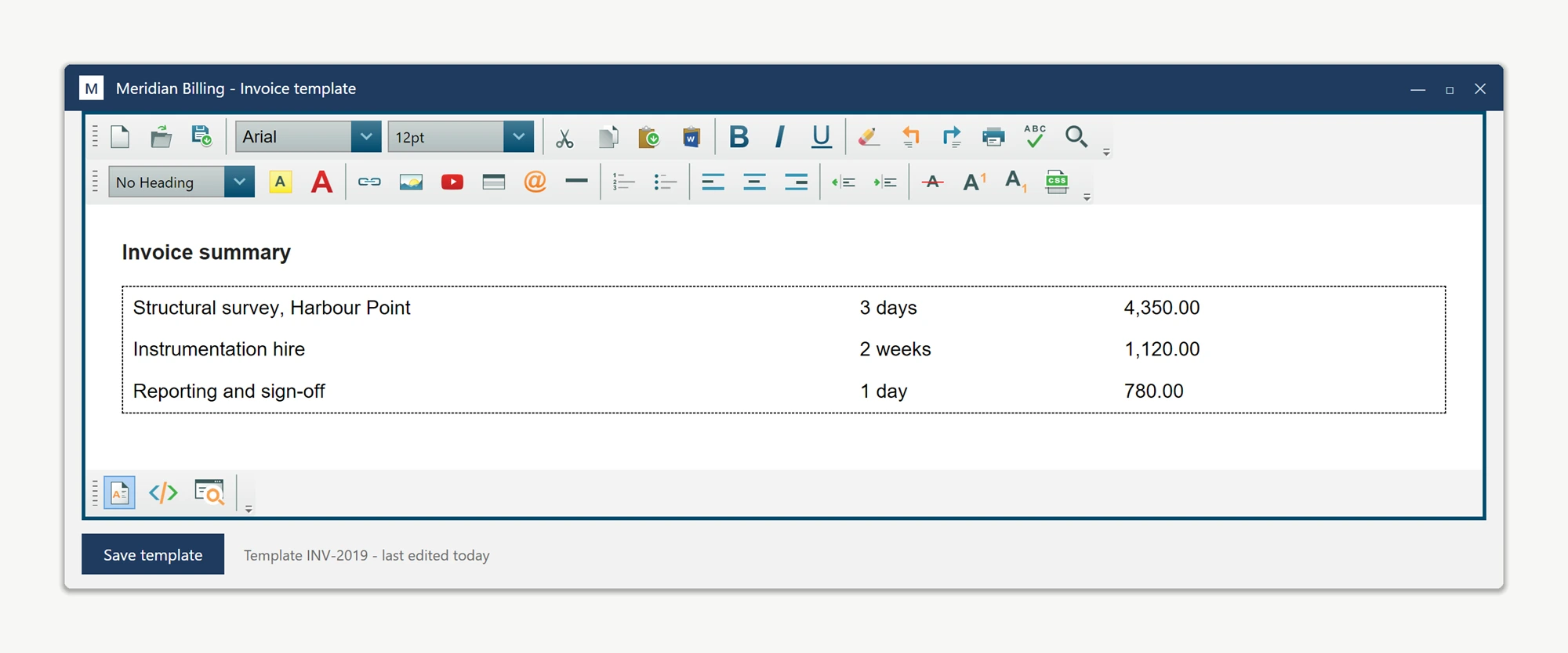 The WPF HTML editor showing dashed design-time guidelines around a layout table that has no border, so the author can see the cell edges while editing