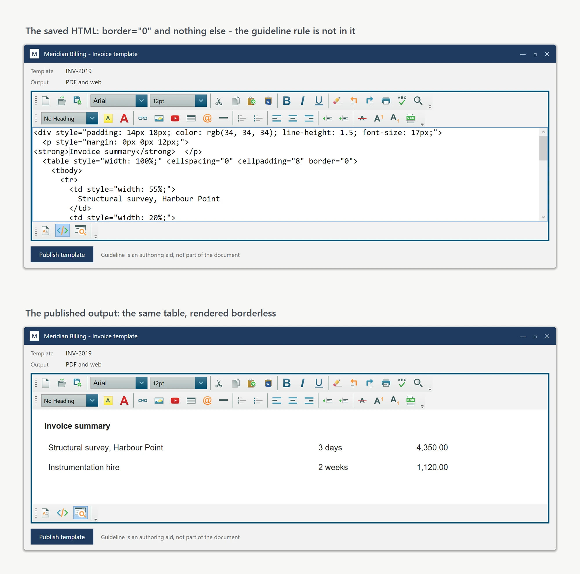 The WPF HTML editor's source view of a zero-border invoice table showing no guideline rule in the saved markup, and the same document in preview mode rendering as a clean borderless layout