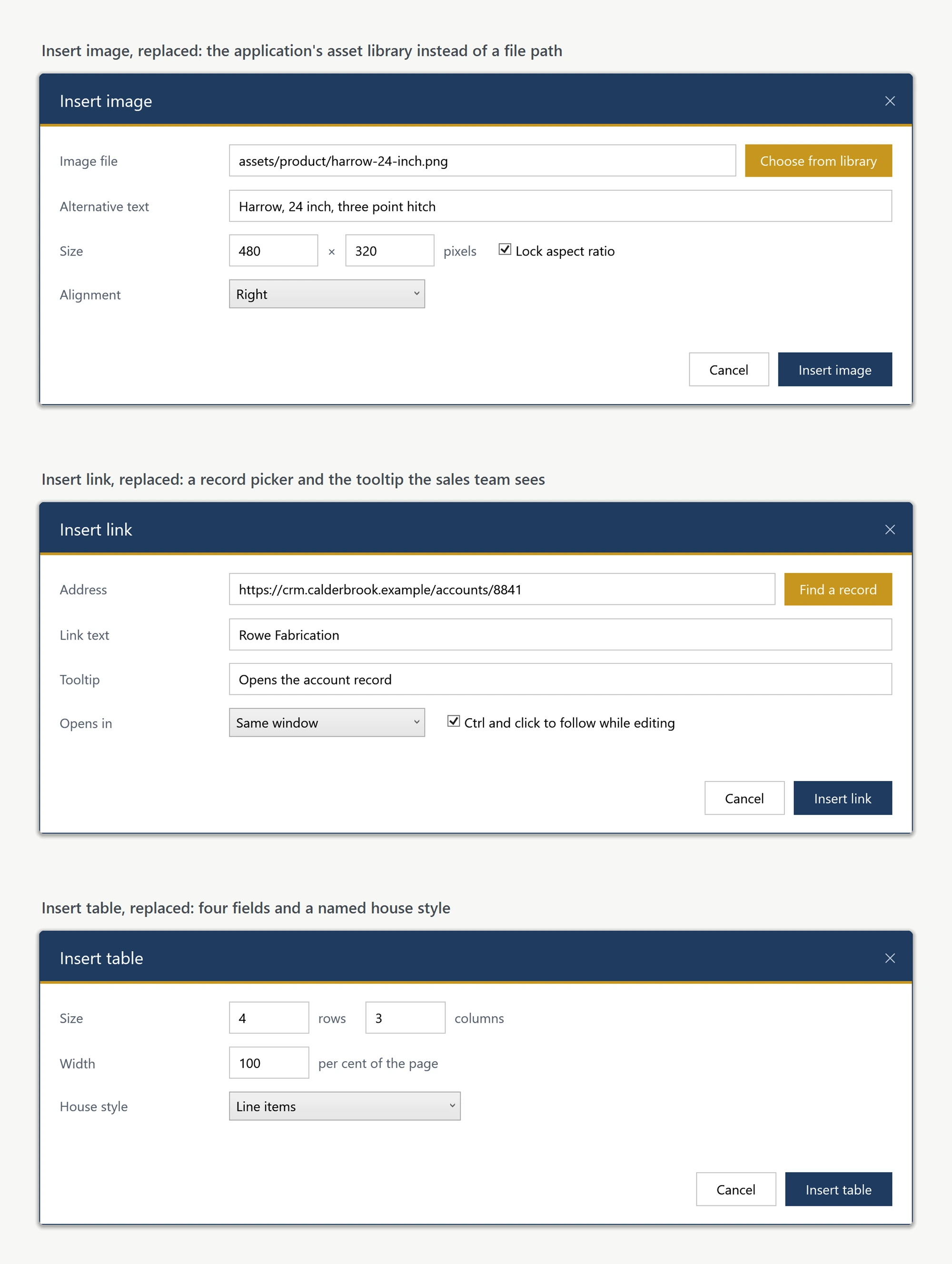 Three replacement dialogs the WPF HTML editor opens in place of its own Insert image, Insert link and Insert table dialogs, all carrying the host application's navy and gold theme and only the fields that application needs