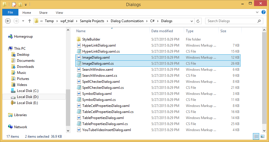 WPF HTML Editor with branded replacements for Insert Image, Insert Hyperlink, and Insert Table dialogs, all matching the host application's navy-and-gold theme.