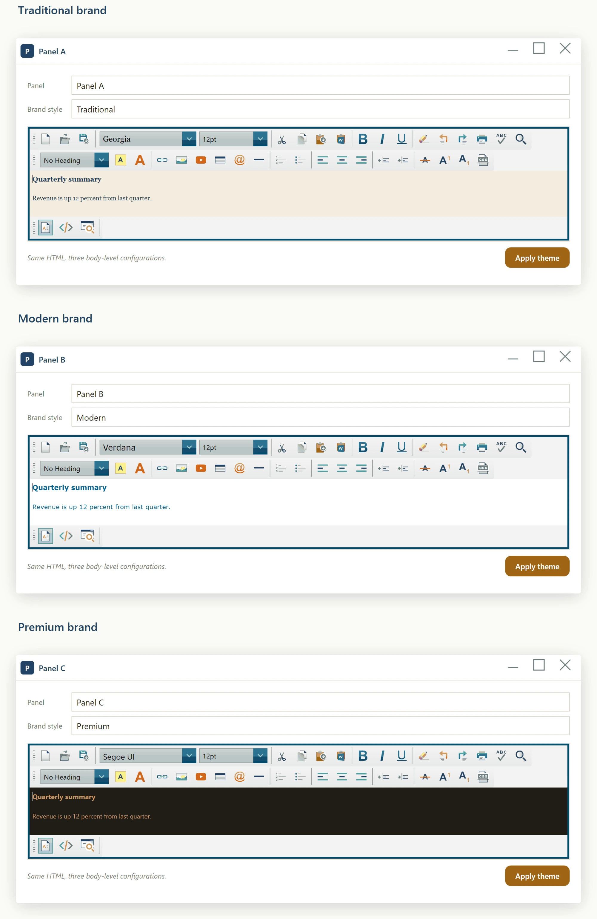 The same document rendered by three WPF HTML Editor instances configured for three different brand styles, each with its own body font, text colour and background.
