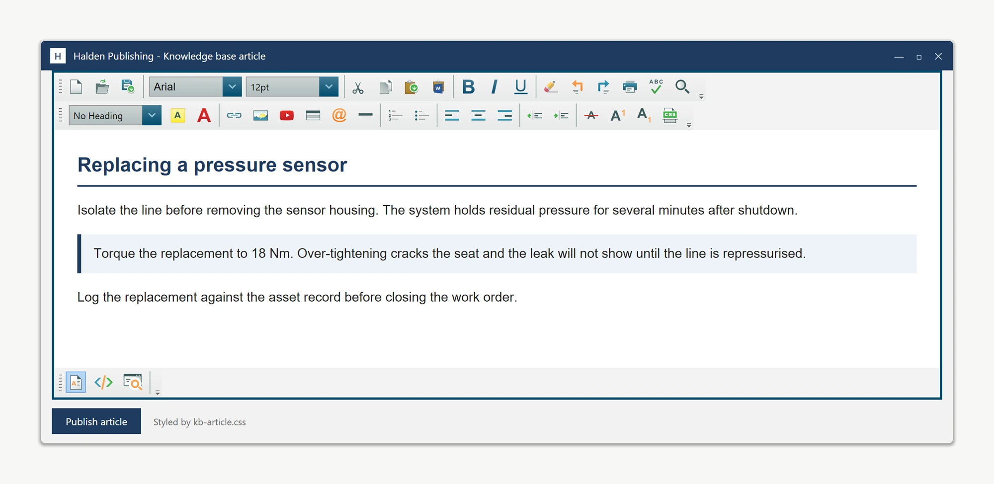 The WPF HTML editor rendering a knowledge base article styled by an external CSS file linked through DocumentCSSFilePath