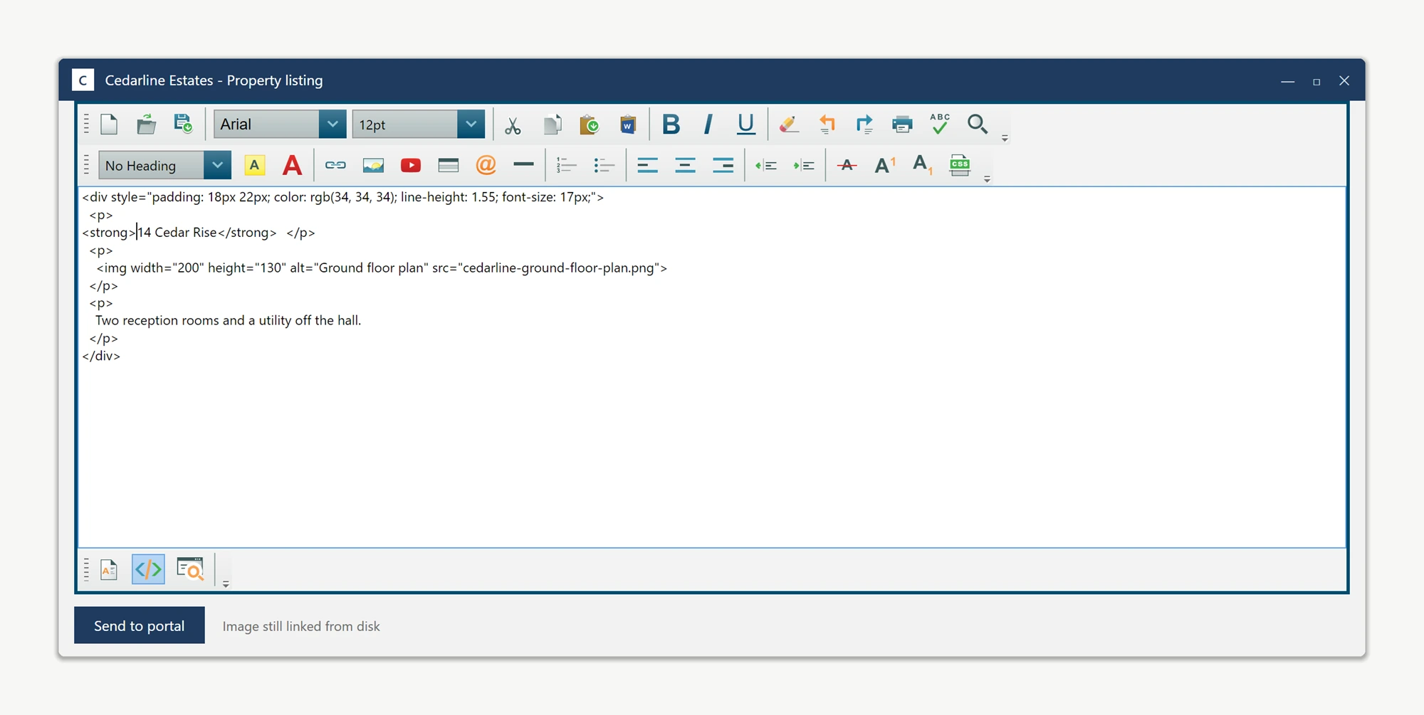 The WPF HTML editor source view before embedding, where the image is still an img tag pointing at a local file path