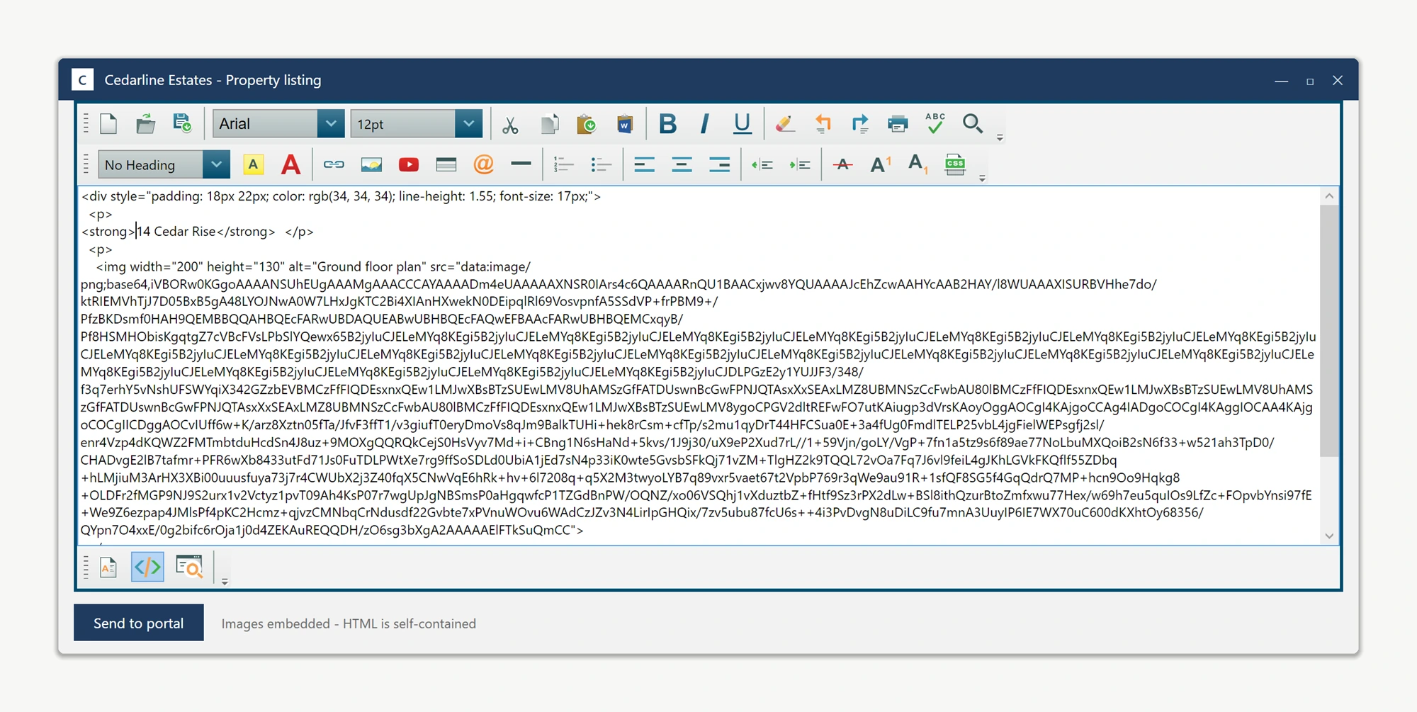 The WPF HTML editor source view after embedding, where the same image is now a base64 data URI inside the HTML so the document is self-contained