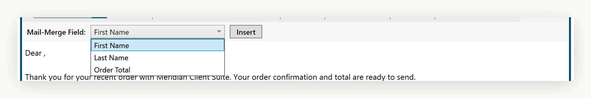 A close view of the WPF placeholder toolbar with its field list open, showing the merge fields in the order the host assigned them at runtime.