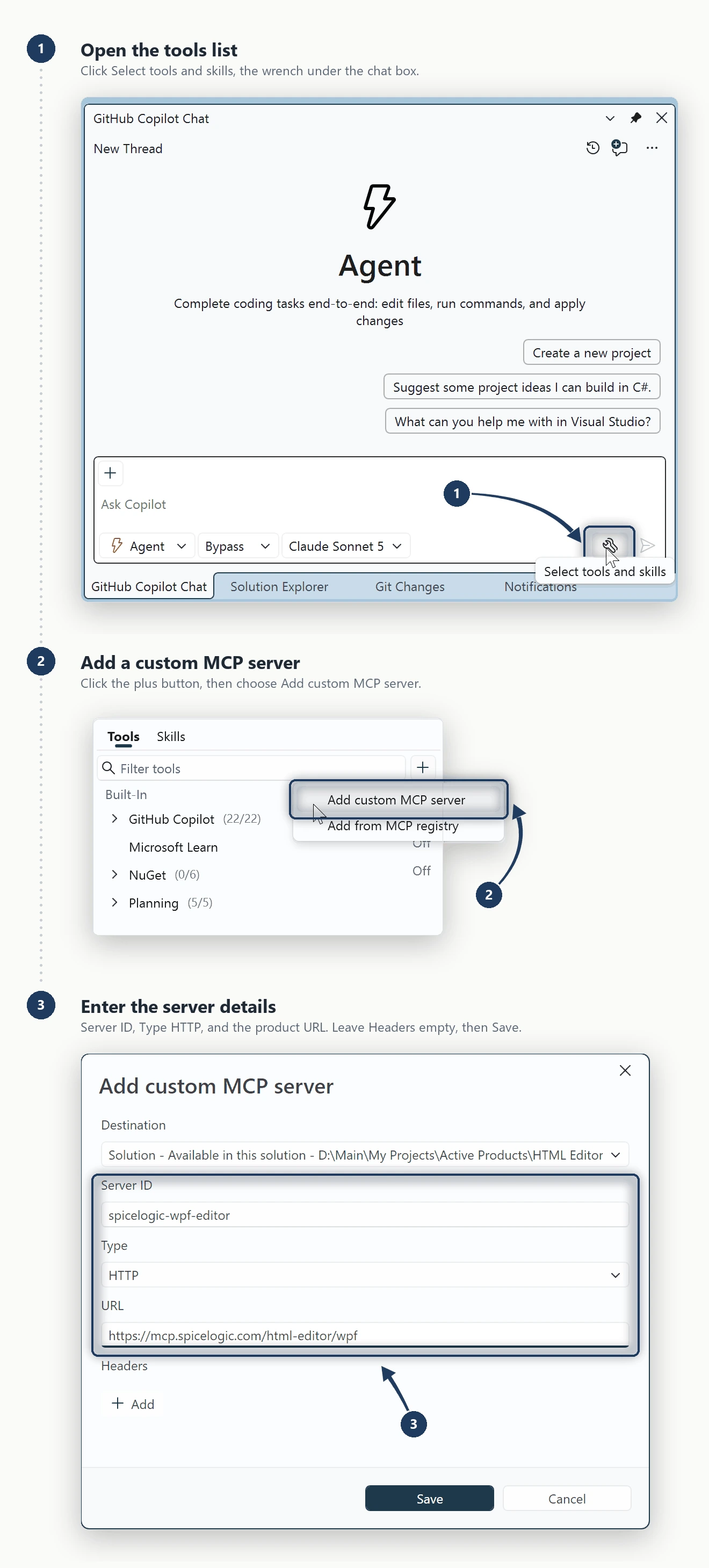 Three numbered steps to add the SpiceLogic WPF HTML Editor MCP server in Visual Studio: open the tools list from the wrench under the Copilot chat box, choose Add custom MCP server from the plus menu in the Tools list, then enter the server ID, type HTTP and the product URL in the Add custom MCP server dialog.