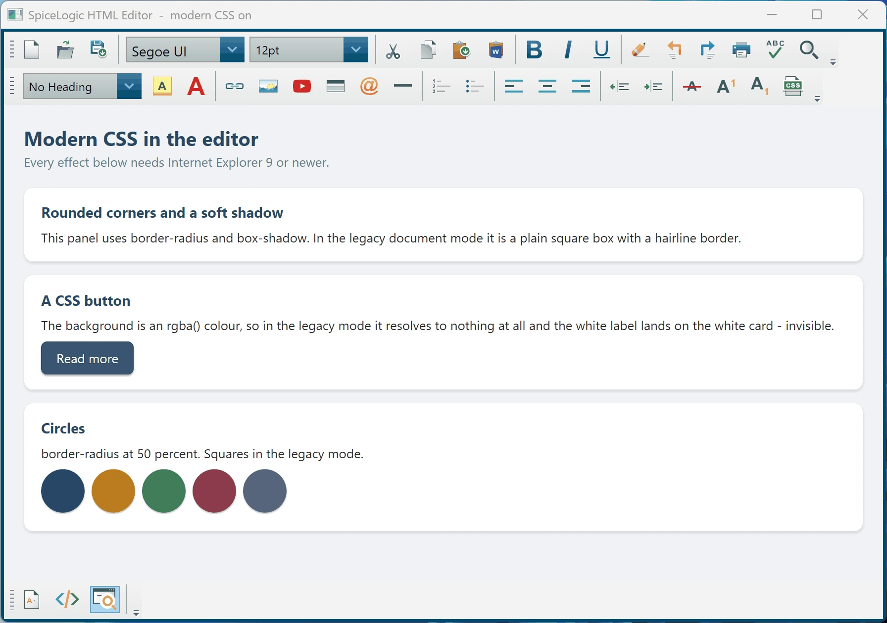 The same document in the WPF HTML Editor after setting BrowserEmulation to InternetExplorer11: the panels have rounded corners and soft shadows, the Read more button renders as a solid dark rounded button with a readable white label, and the swatches are a row of coloured circles.