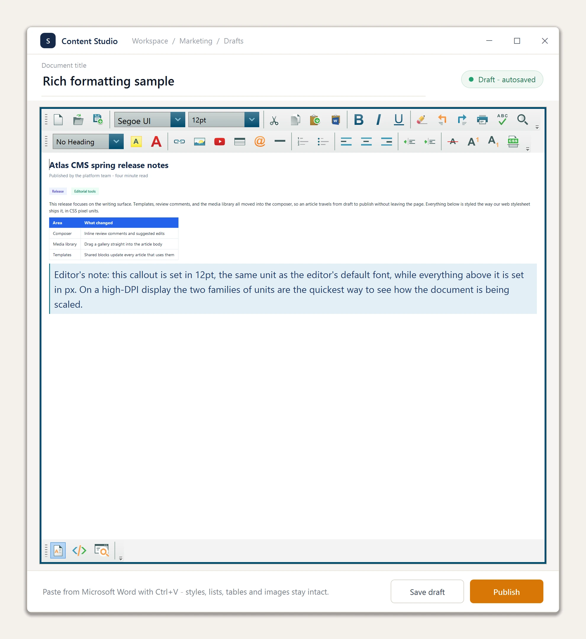 The WPF HTML editor on a 200 percent display in the default document mode: the px-styled article renders half size while the 12pt callout keeps its correct size